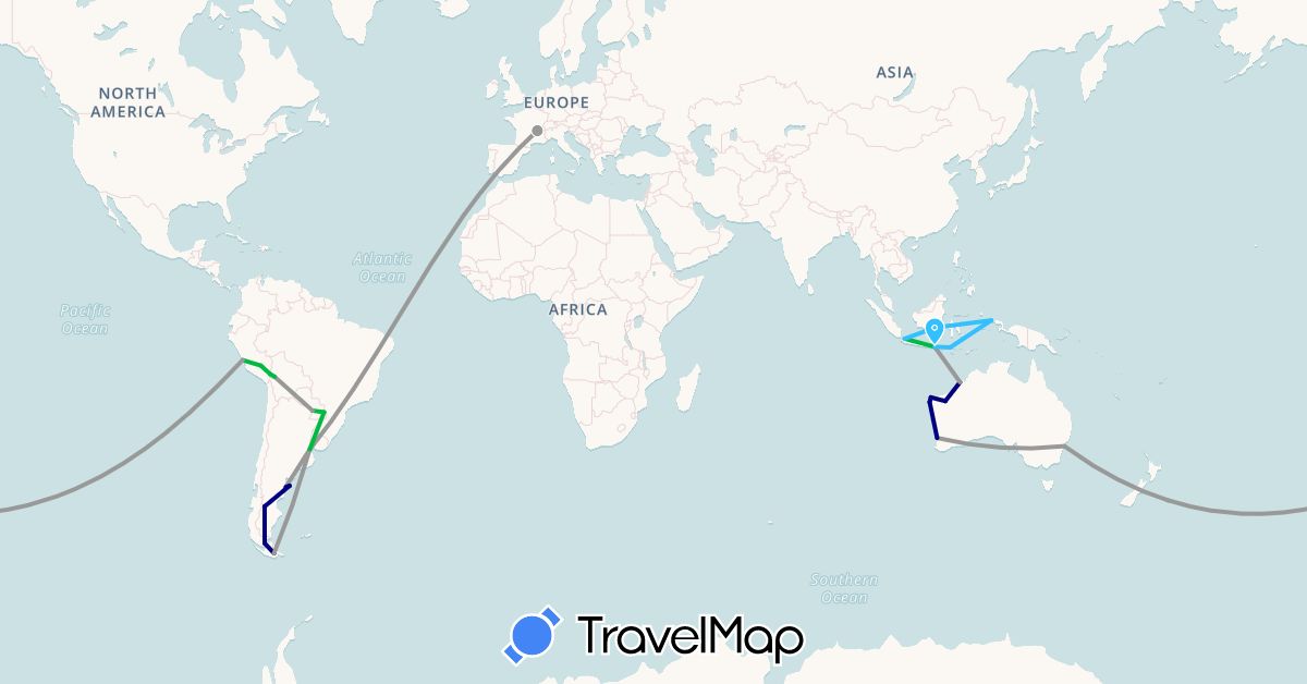 TravelMap itinerary: driving, bus, plane, boat in Argentina, Australia, Bolivia, Chile, France, Indonesia, Peru, Paraguay (Asia, Europe, Oceania, South America)